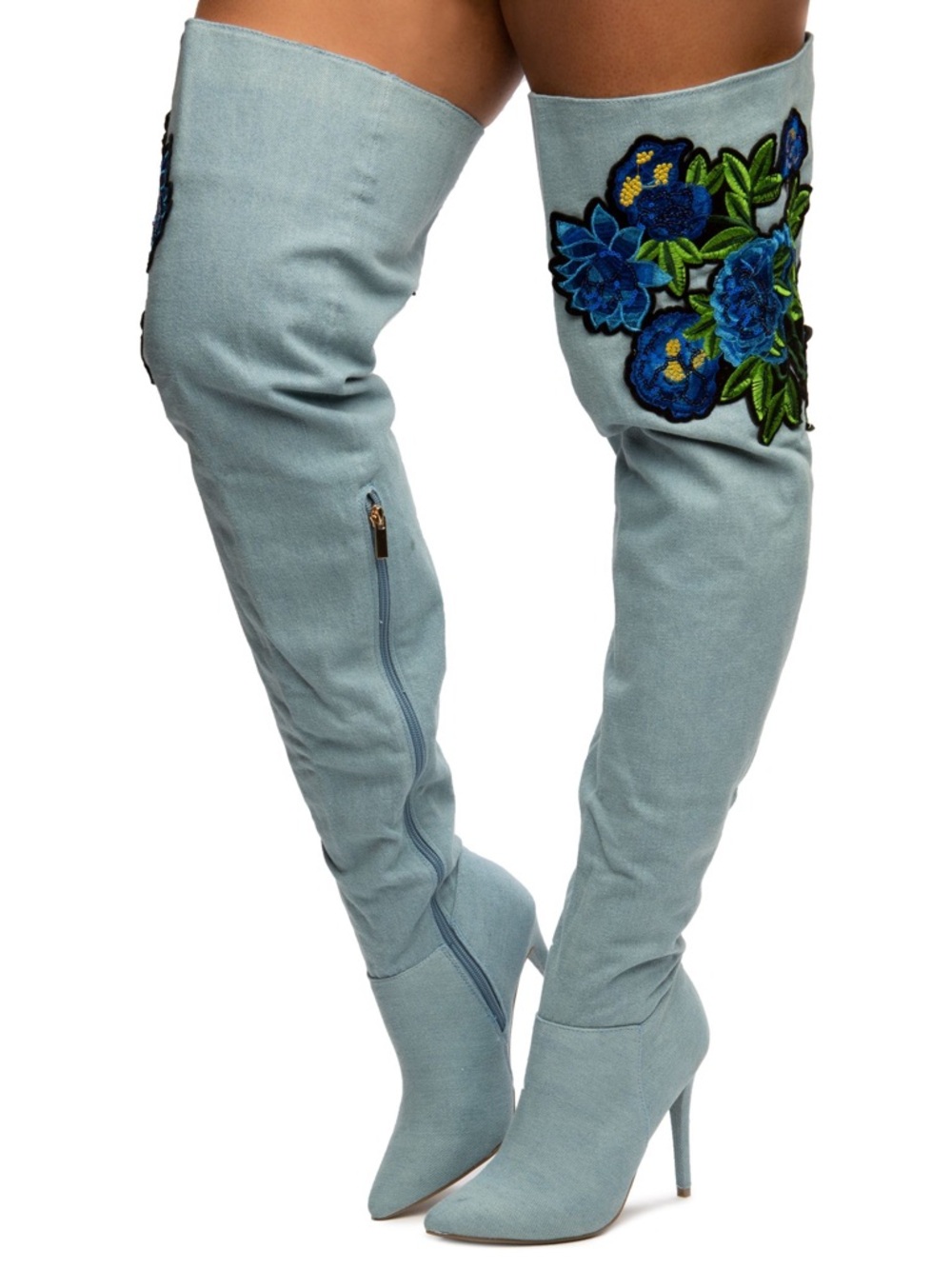 Blue Embroidered Denim Thigh high Stiletto Boots